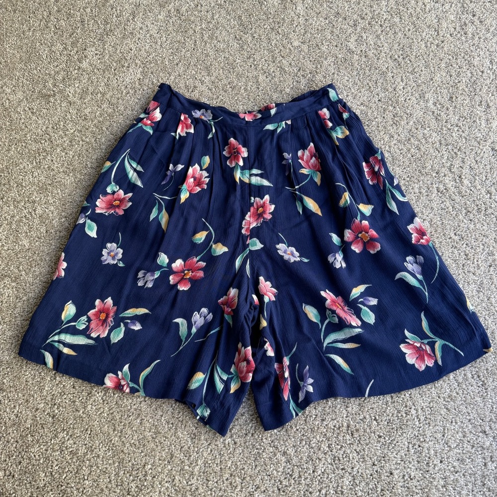 Vintage Jaclyn Smith Culotte Shorts Womens Large Blue Floral Rayon Pleated